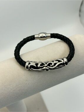 Black Braided Leather Bracelet Long Silver-tone Tube Charm Magnetic Closure 6.5"